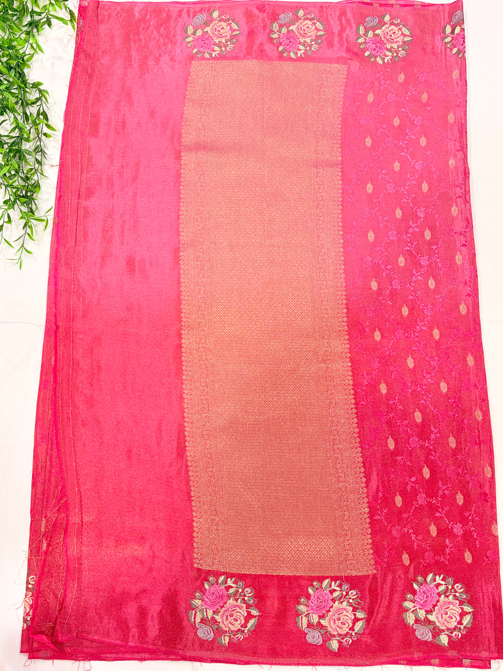Pink Crepe Saree with embroidered Roses
