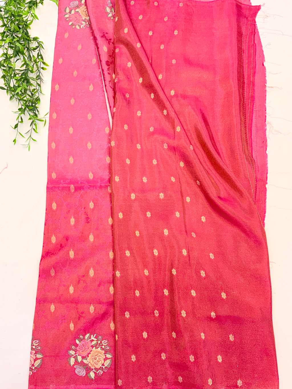 Pink Crepe Saree with embroidered Roses