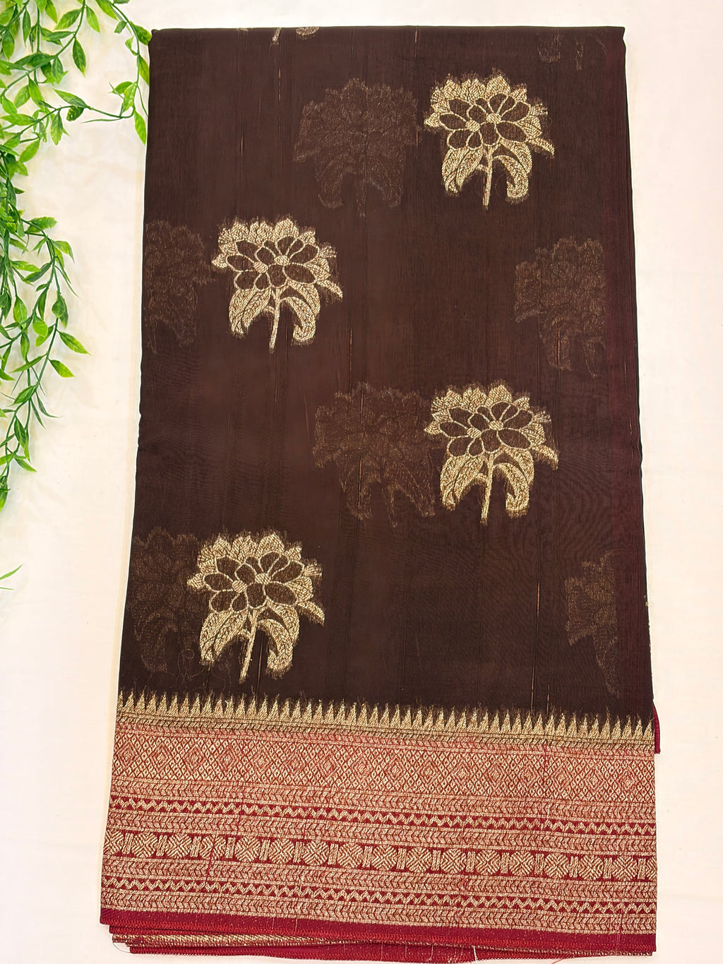 Brown Tussar Saree with Floral Gold Motifs