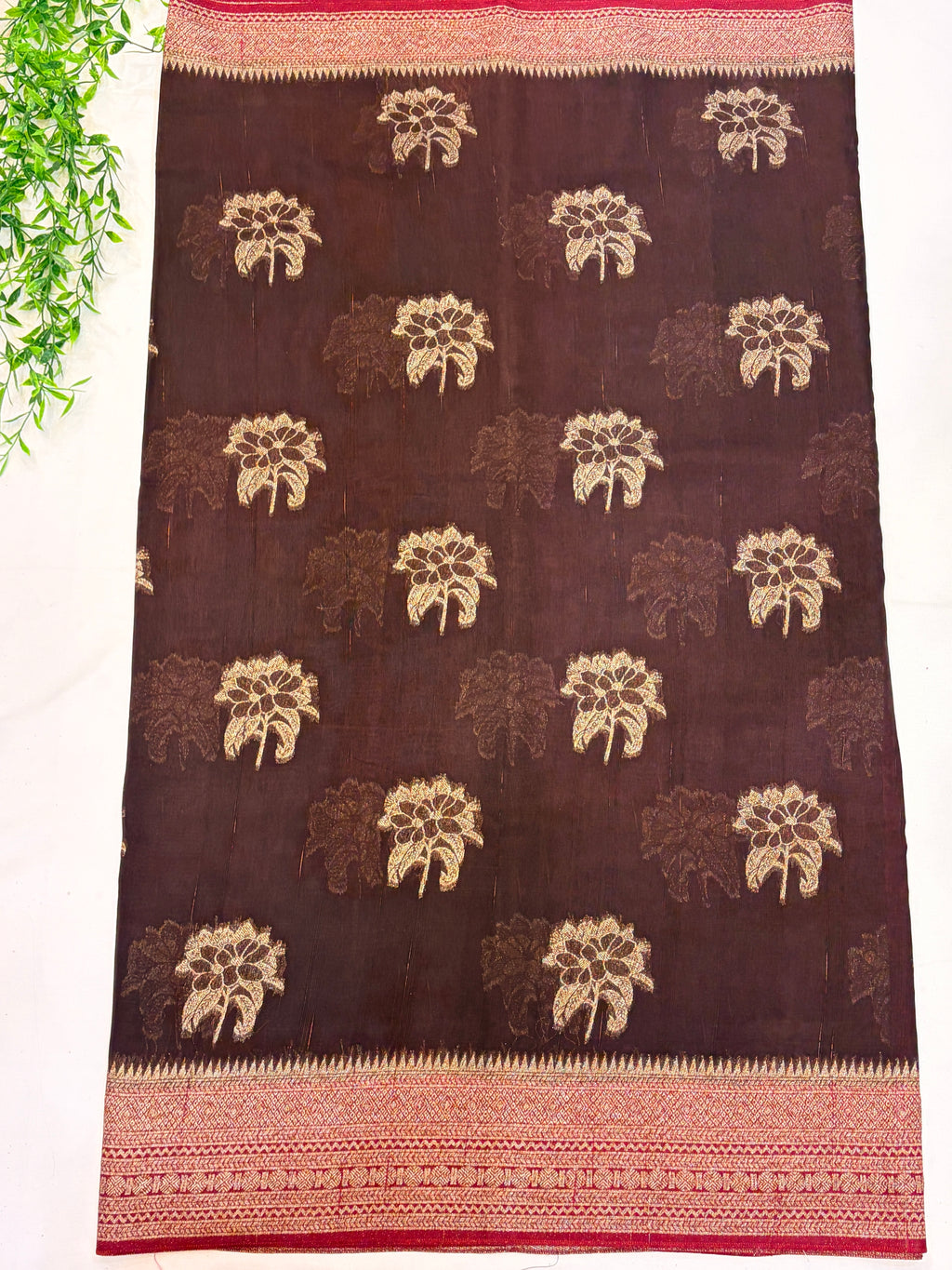 Brown Tussar Saree with Floral Gold Motifs