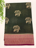 Dark Green Tussar Saree with Gold Floral Motifs