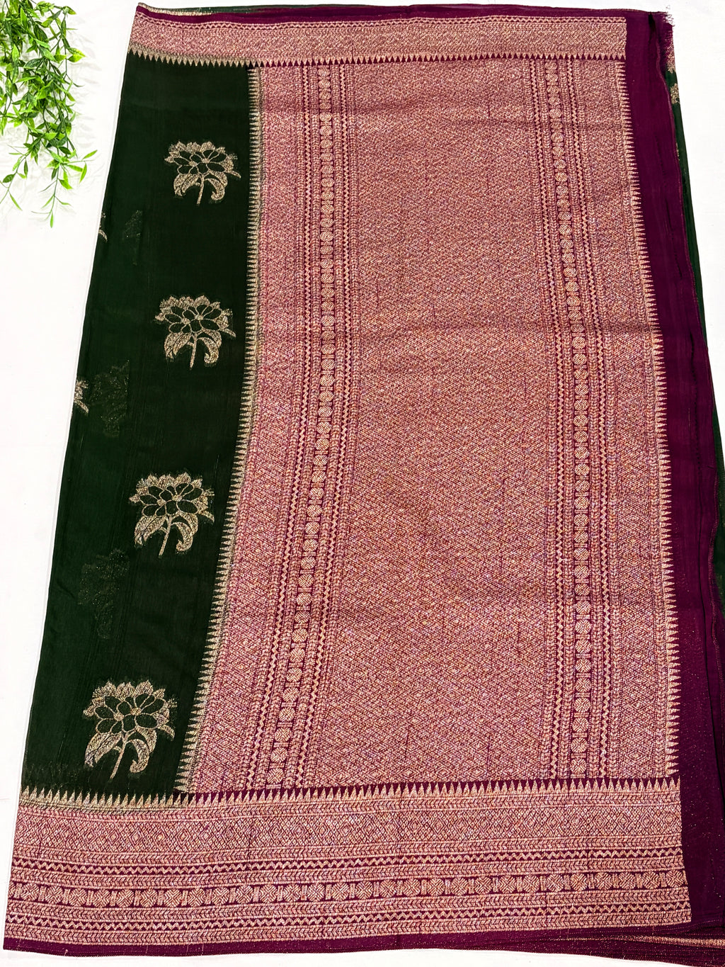 Dark Green Tussar Saree with Gold Floral Motifs
