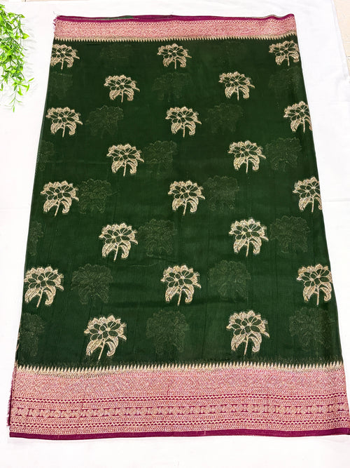 Dark Green Tussar Saree with Gold Floral Motifs