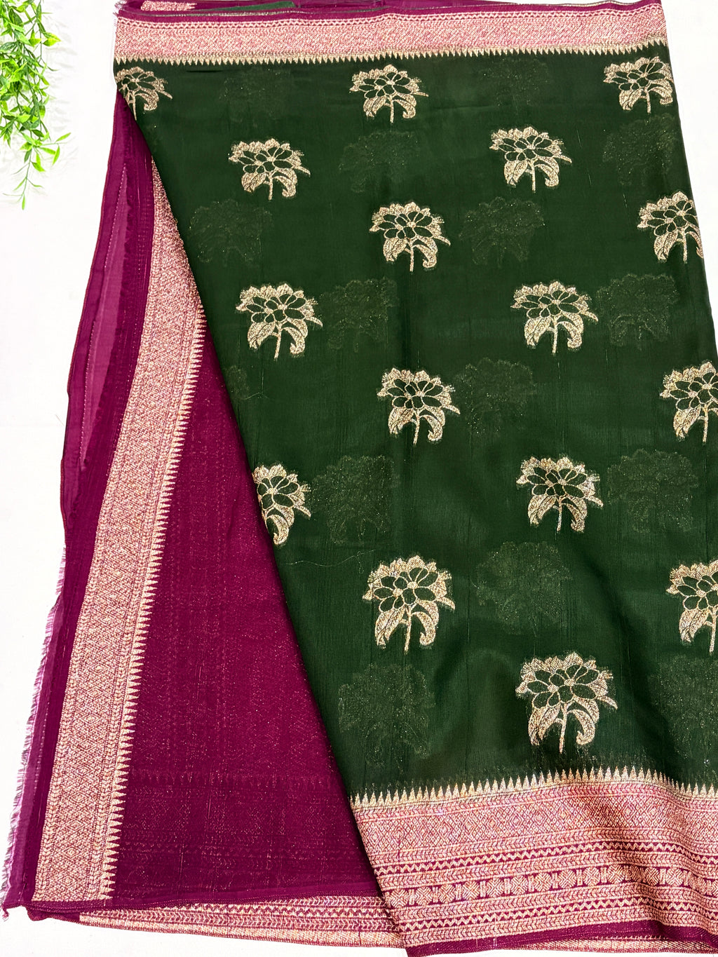Dark Green Tussar Saree with Gold Floral Motifs