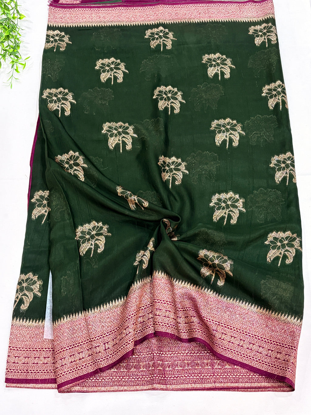 Dark Green Tussar Saree with Gold Floral Motifs
