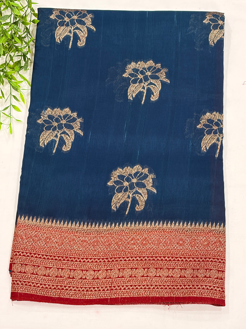 Navy Blue Tussar Saree with Gold Floral Motifs