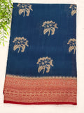 Navy Blue Tussar Saree with Gold Floral Motifs