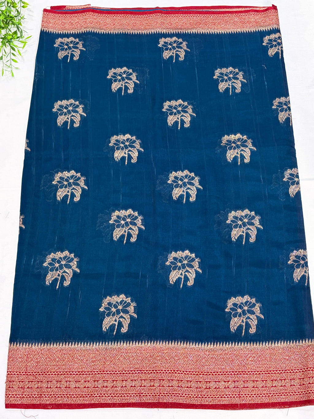 Navy Blue Tussar Saree with Gold Floral Motifs
