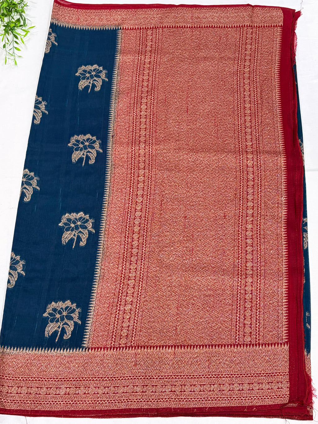 Navy Blue Tussar Saree with Gold Floral Motifs