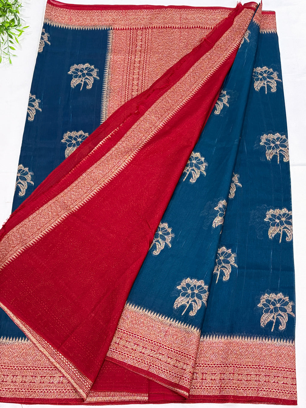 Navy Blue Tussar Saree with Gold Floral Motifs