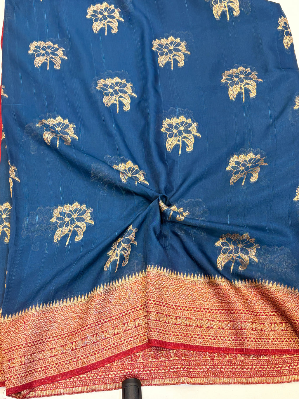 Navy Blue Tussar Saree with Gold Floral Motifs