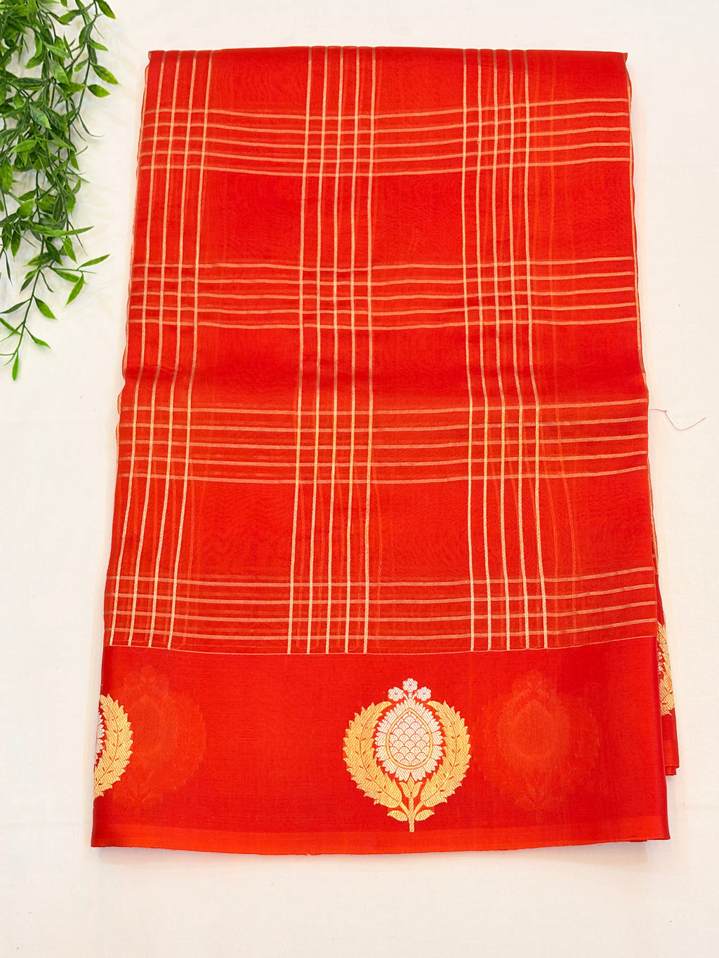 Pure Kora Banarasi Orange Saree with Gold Checks & Motifs