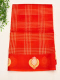 Pure Kora Banarasi Orange Saree with Gold Checks & Motifs