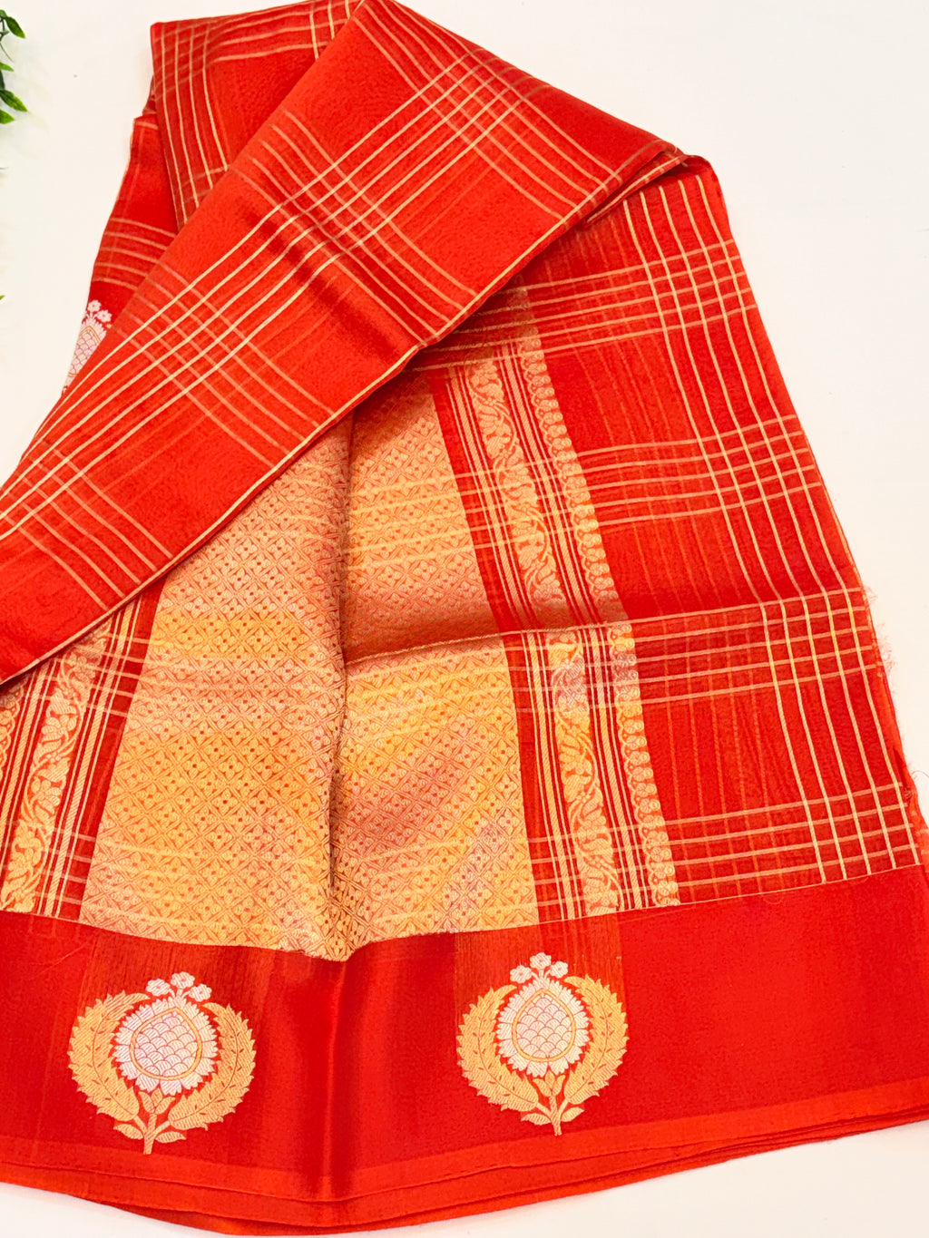 Pure Kora Banarasi Orange Saree with Gold Checks & Motifs