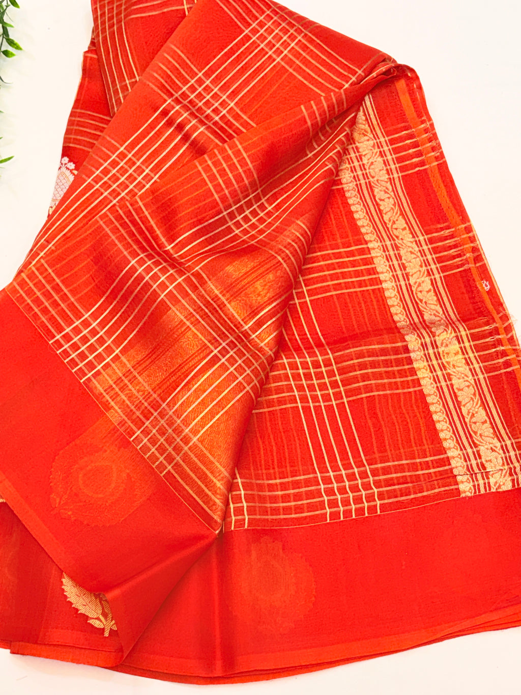 Pure Kora Banarasi Orange Saree with Gold Checks & Motifs