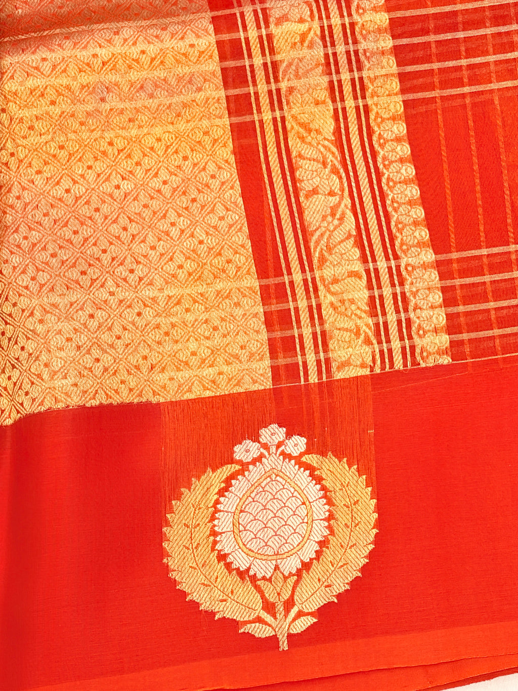 Pure Kora Banarasi Orange Saree with Gold Checks & Motifs