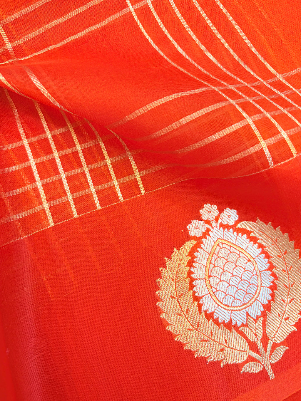 Pure Kora Banarasi Orange Saree with Gold Checks & Motifs