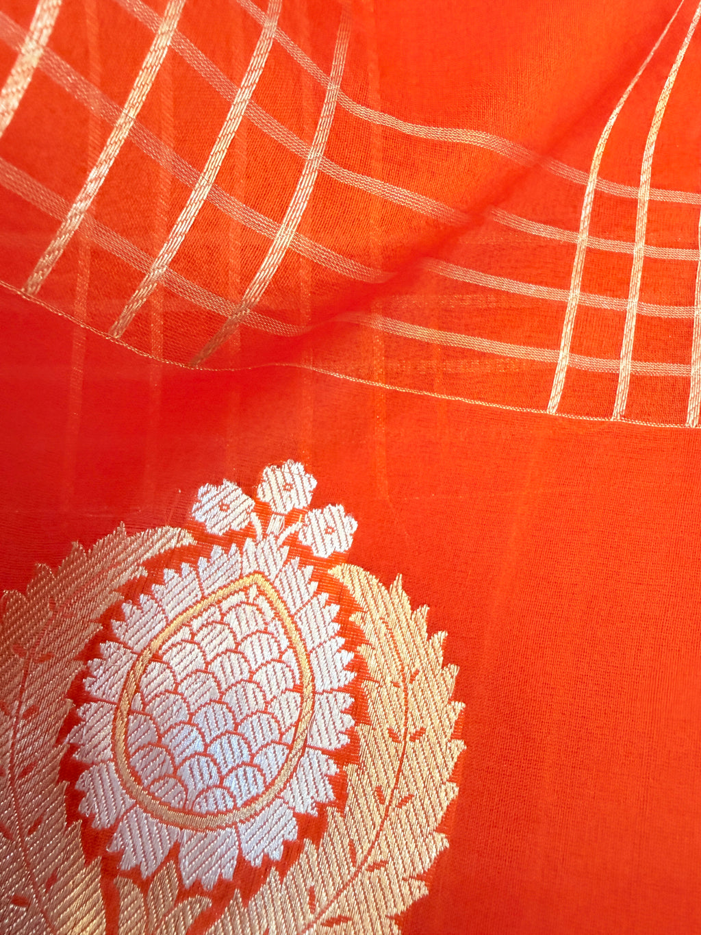 Pure Kora Banarasi Orange Saree with Gold Checks & Motifs