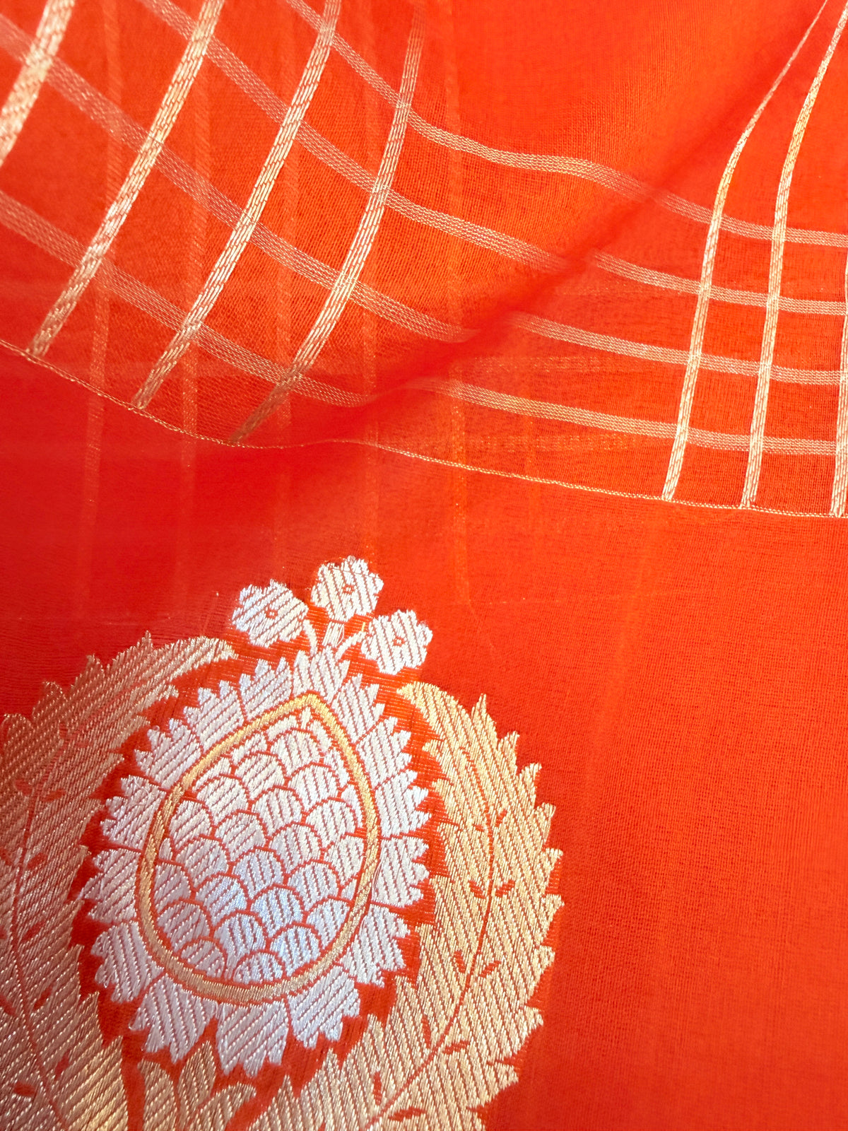Pure Kora Banarasi Orange Saree with Gold Checks & Motifs