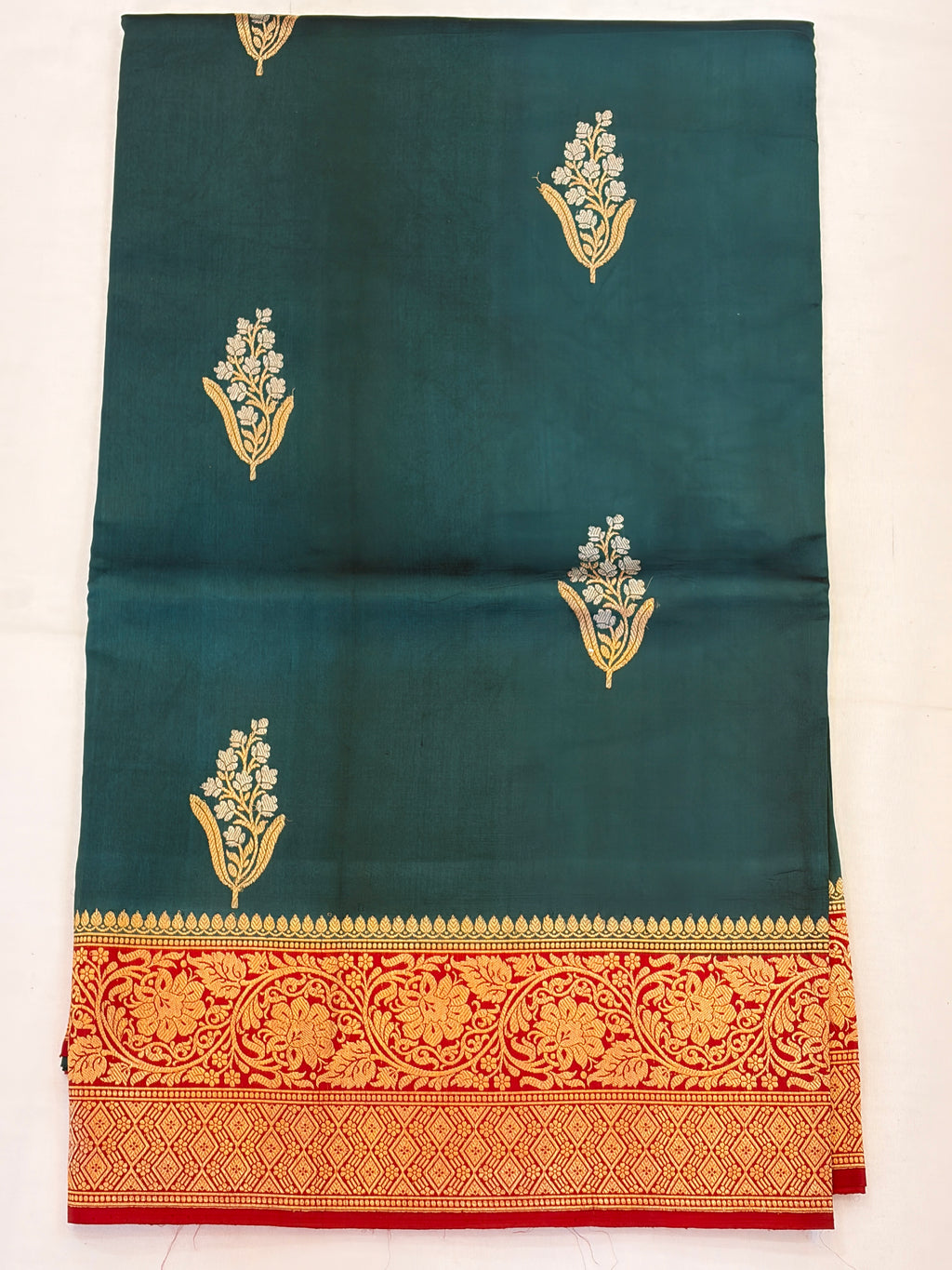 Teal Green Pure Banarasi Raw Mango Silk Saree with Sona Roopa Butti's