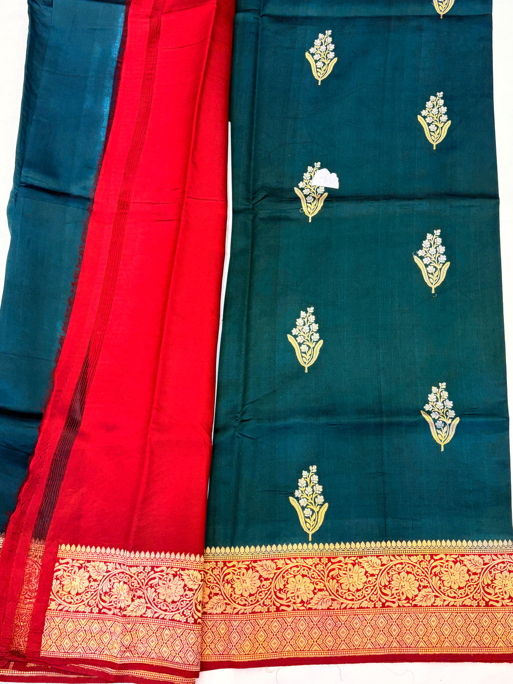 Teal Green Pure Banarasi Raw Mango Silk Saree with Sona Roopa Butti's