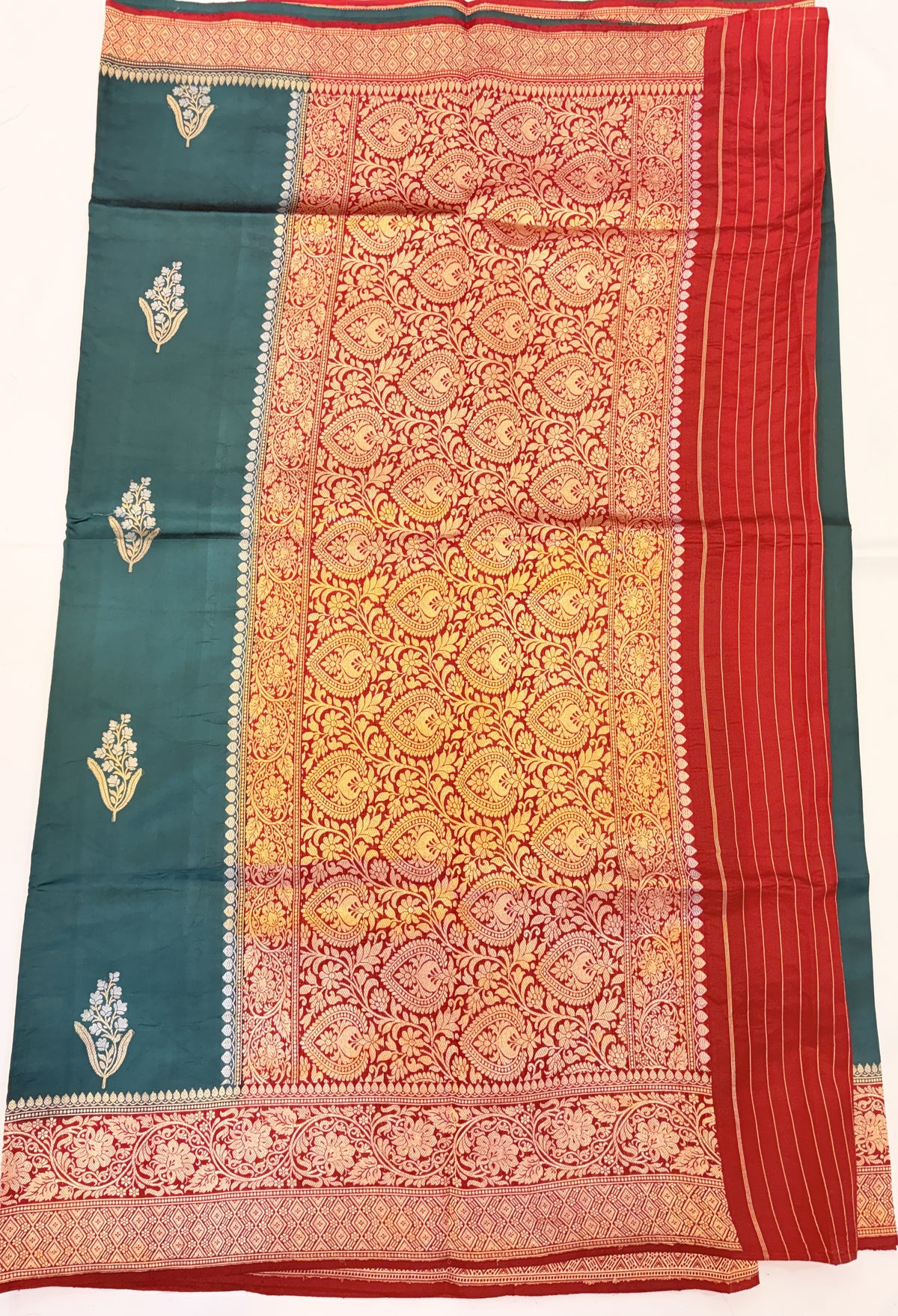 Teal Green Pure Banarasi Raw Mango Silk Saree with Sona Roopa Butti's