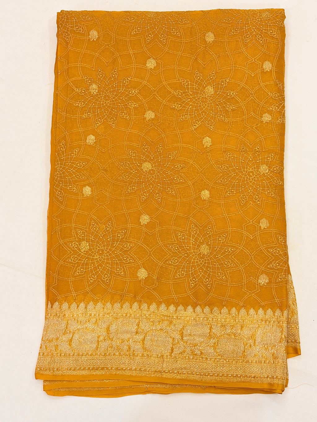 Mustard Yellow Pure Khaddi Chiffon Banarasi Saree with Chikankari work
