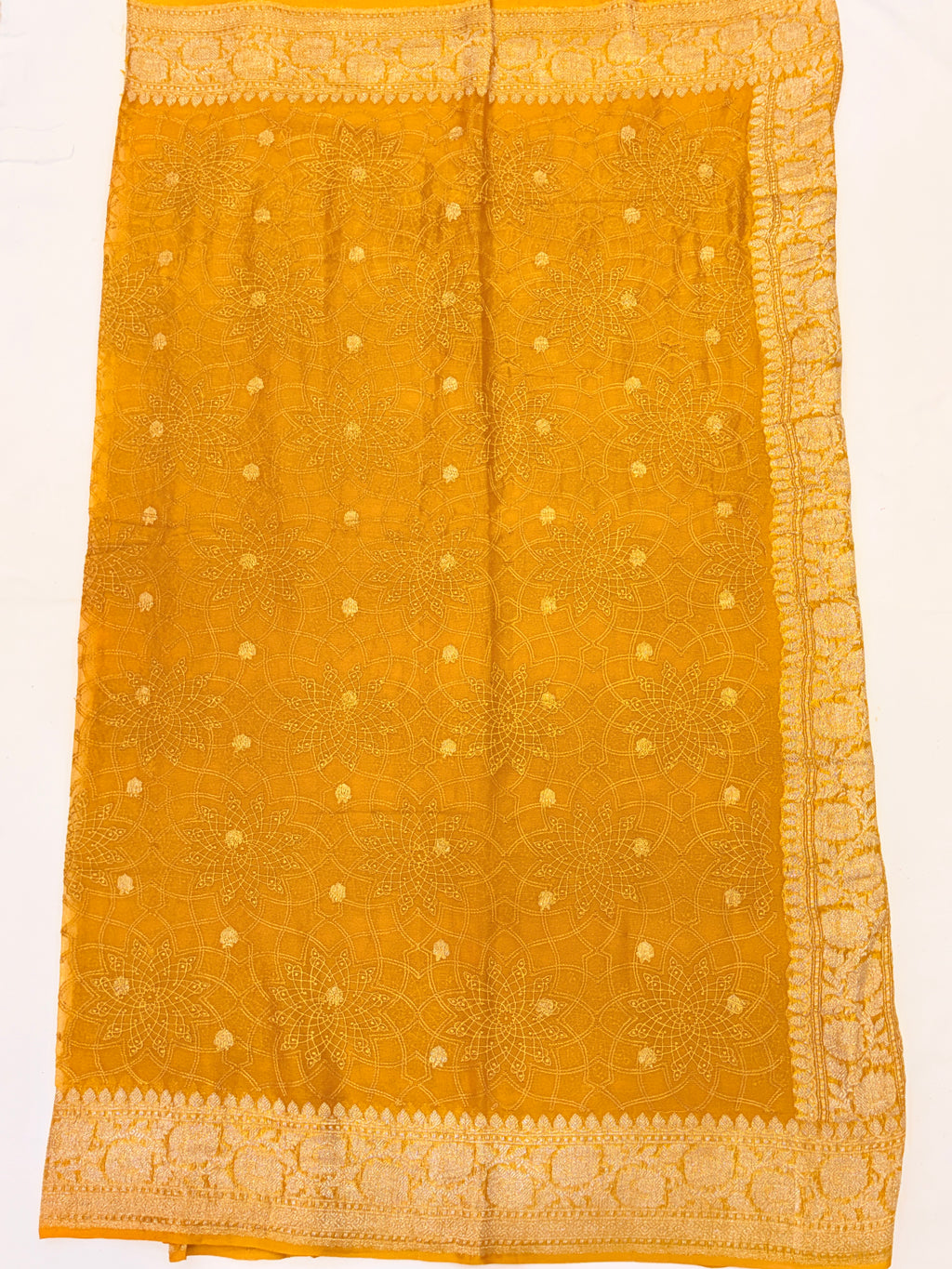 Mustard Yellow Pure Khaddi Chiffon Banarasi Saree with Chikankari work