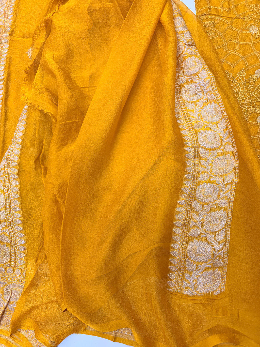 Mustard Yellow Pure Khaddi Chiffon Banarasi Saree with Chikankari work