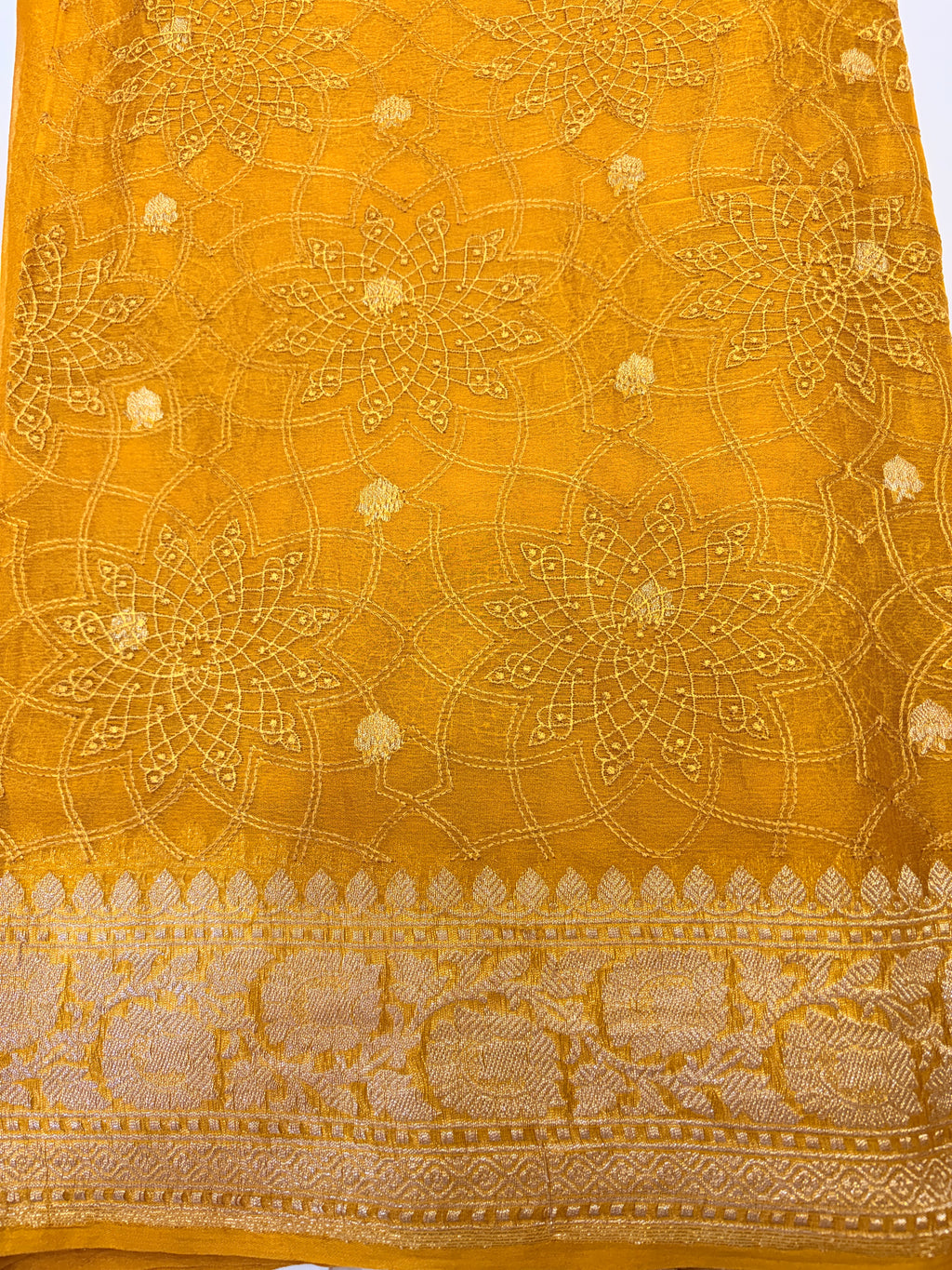 Mustard Yellow Pure Khaddi Chiffon Banarasi Saree with Chikankari work