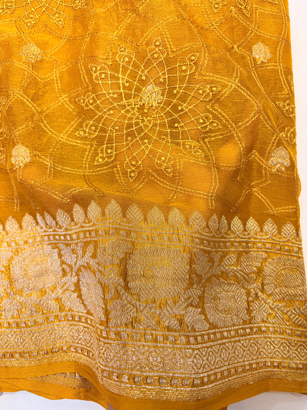 Mustard Yellow Pure Khaddi Chiffon Banarasi Saree with Chikankari work