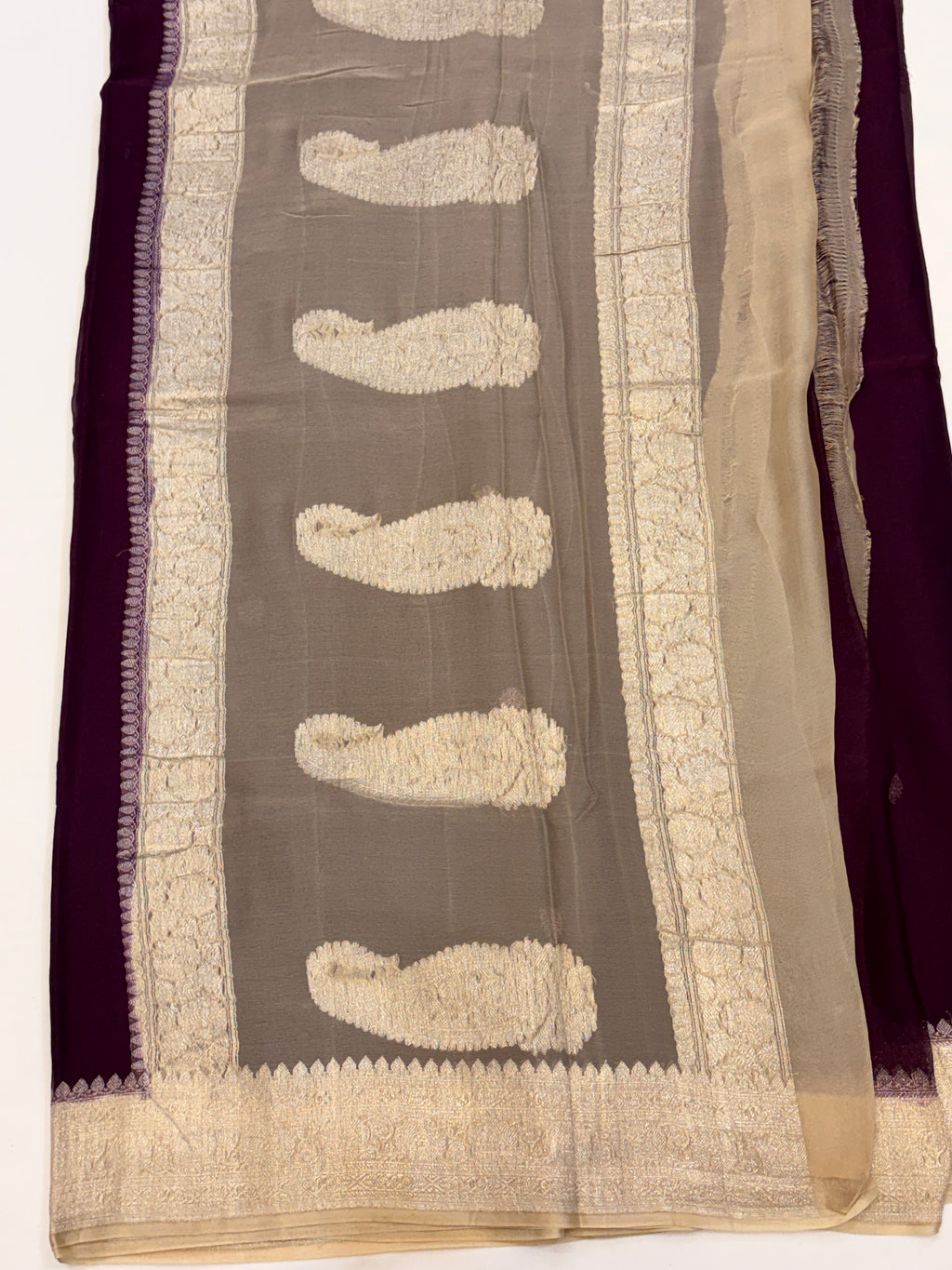 Wine with Cream Banarasi Pure  Khaddi Chiffon Saree
