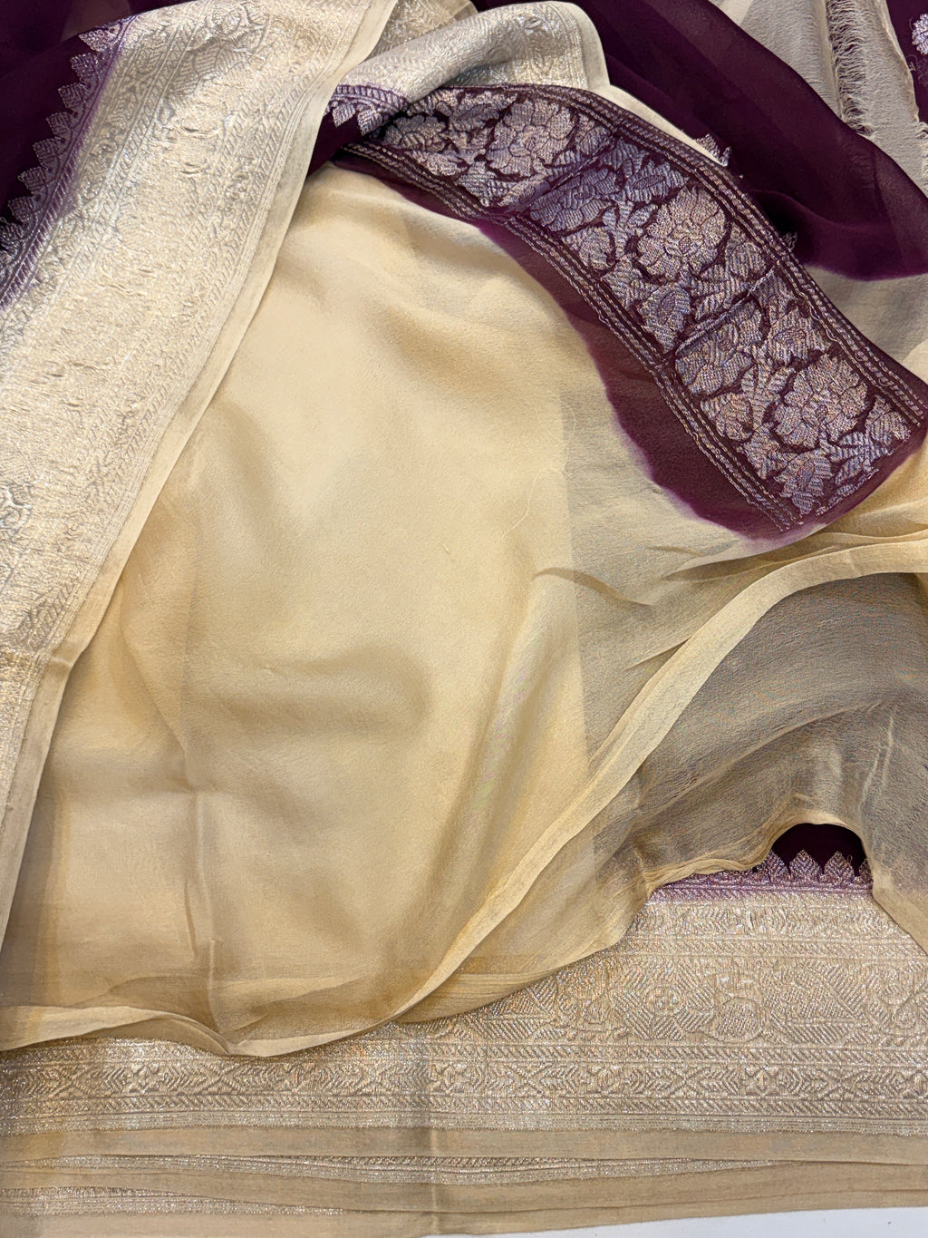 Wine with Cream Banarasi Pure  Khaddi Chiffon Saree