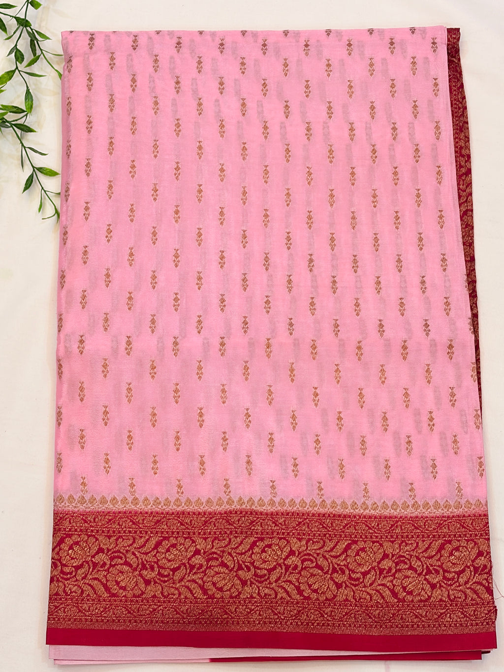Pink Banarasi Crepe Georgette Saree with Maroon Border