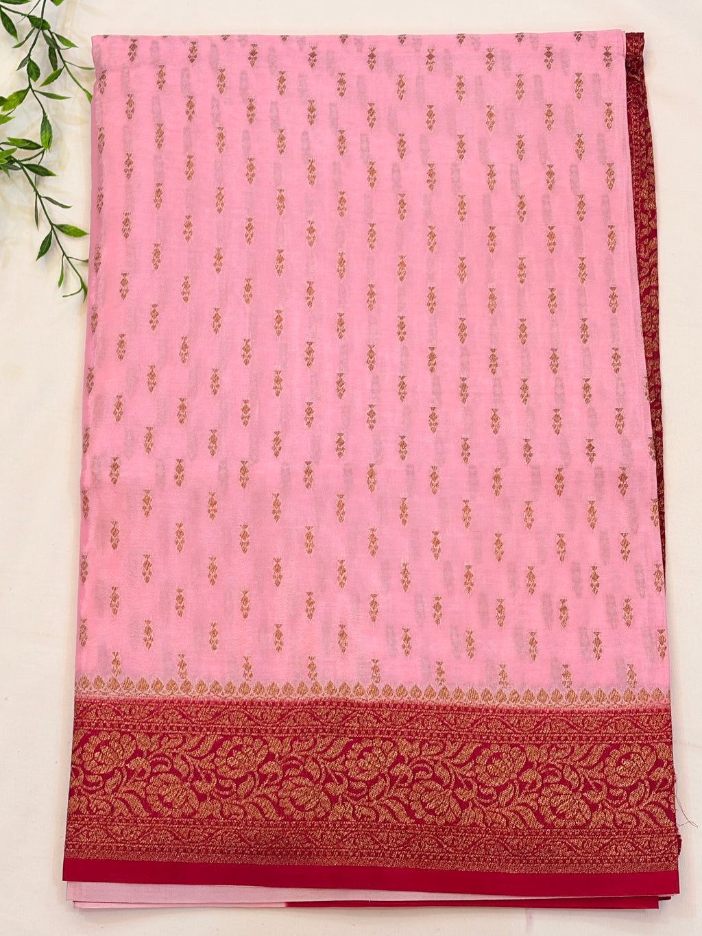 Pink Banarasi Crepe Georgette Saree with Maroon Border