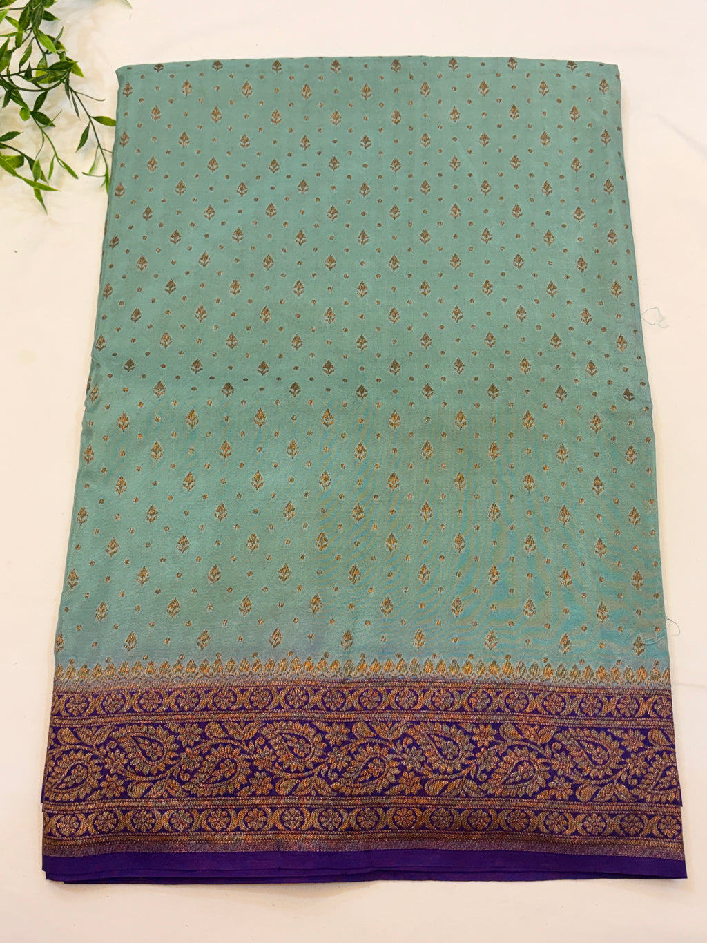 Teal Banarasi Crepe Georgette \Saree with Purple Border