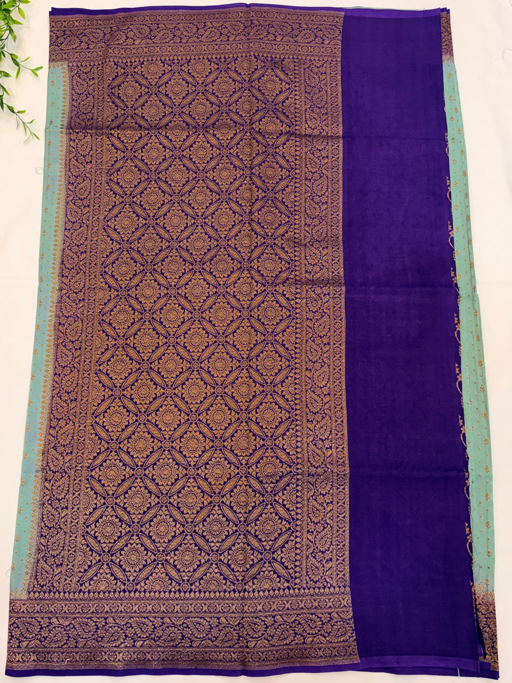 Teal Banarasi Crepe Georgette \Saree with Purple Border