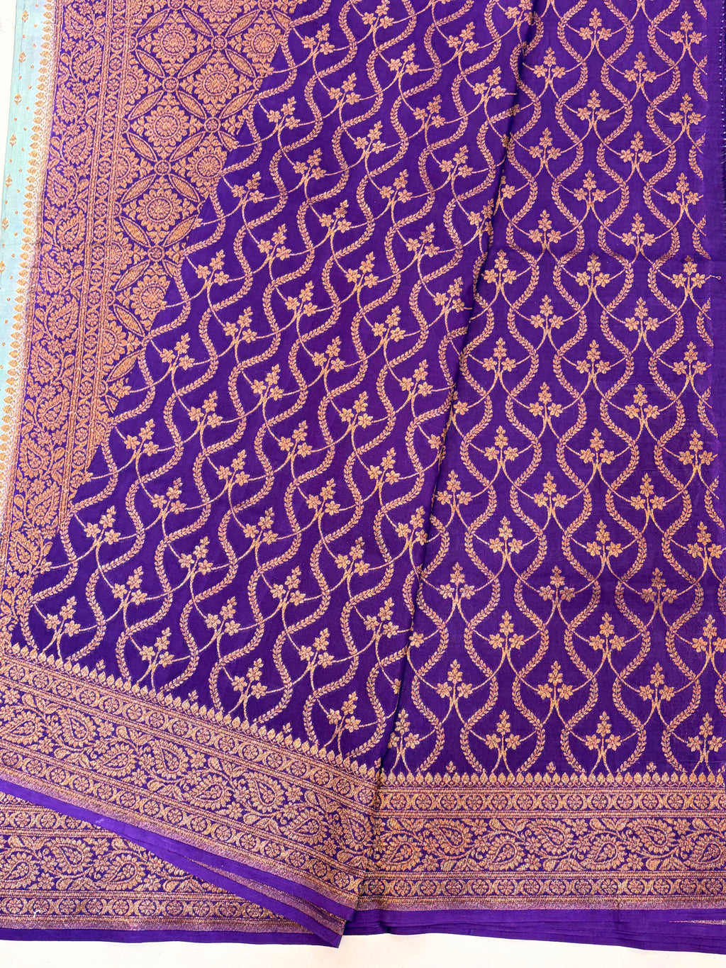Teal Banarasi Crepe Georgette \Saree with Purple Border