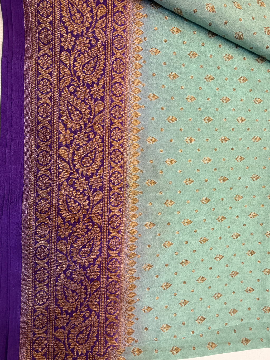 Teal Banarasi Crepe Georgette \Saree with Purple Border