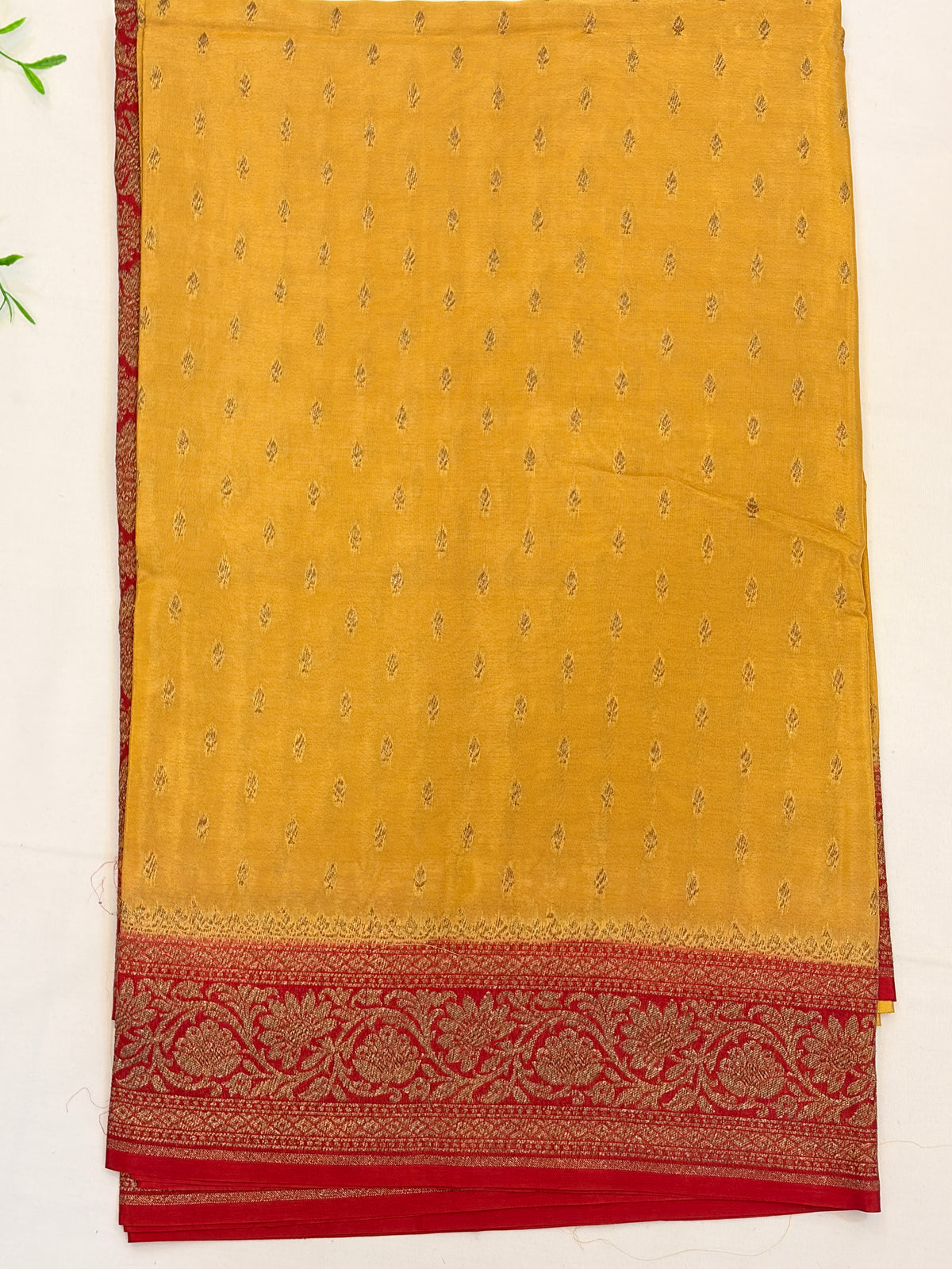 Light Mustard Banarasi Crepe Georgette  Saree with Deep Red Border