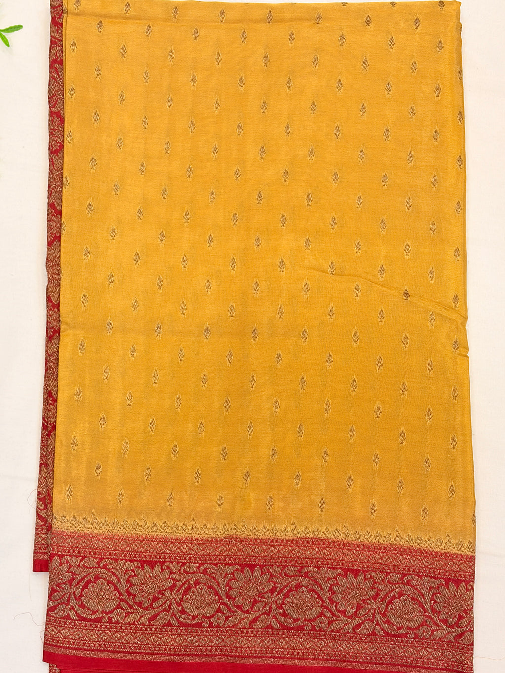 Light Mustard Banarasi Crepe Georgette  Saree with Deep Red Border