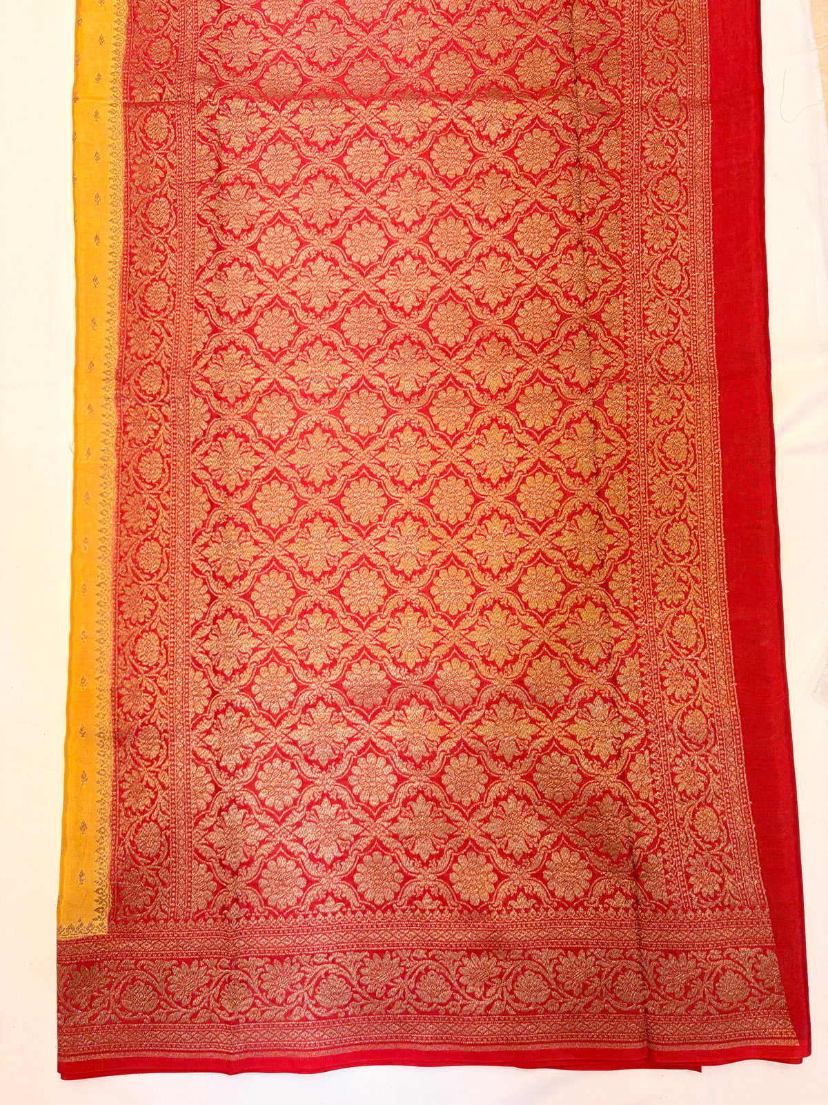 Light Mustard Banarasi Crepe Georgette  Saree with Deep Red Border