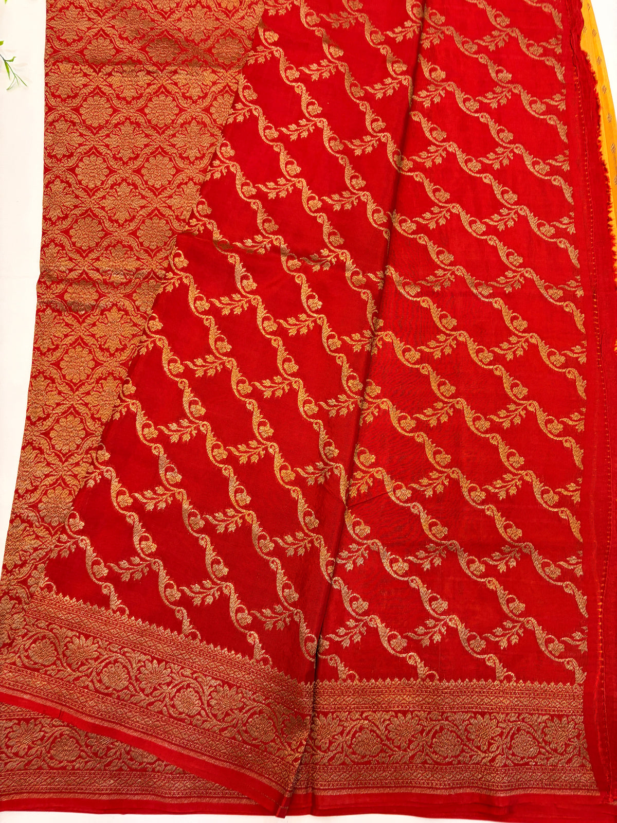 Light Mustard Banarasi Crepe Georgette  Saree with Deep Red Border