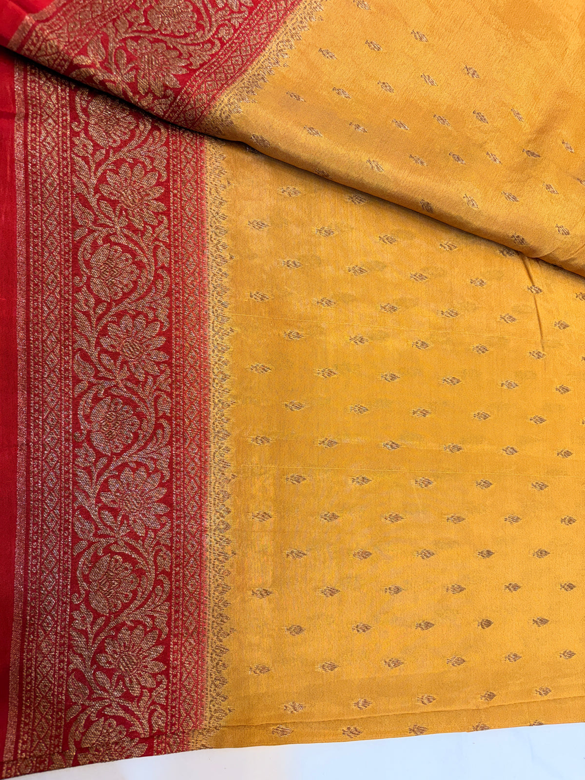 Light Mustard Banarasi Crepe Georgette  Saree with Deep Red Border