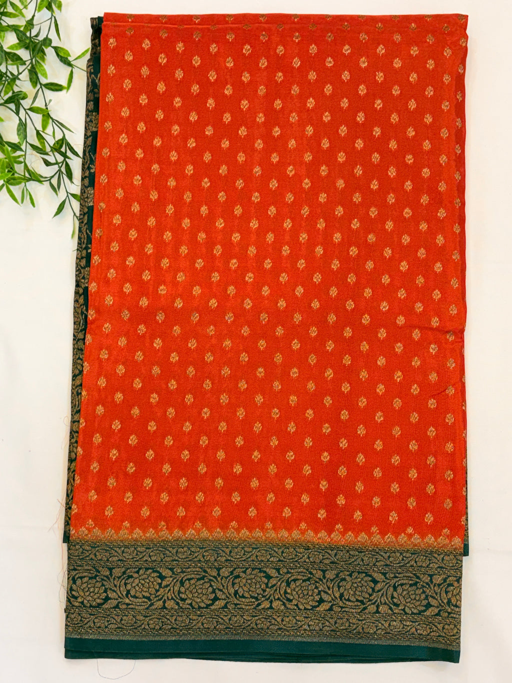 Orange Banarasi Crepe Georgette Saree with Green Border