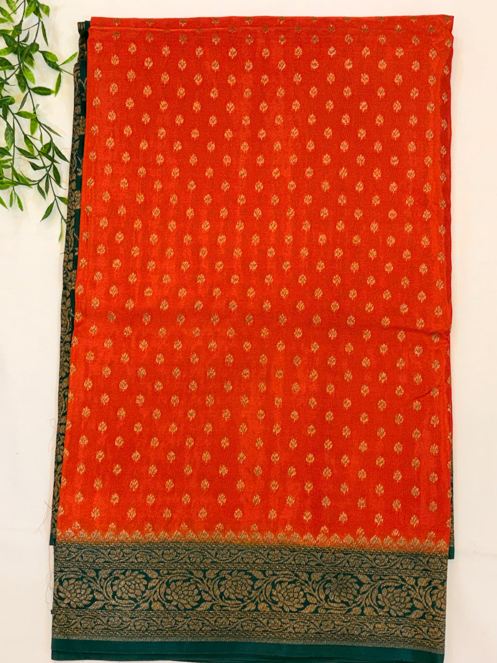 Orange Banarasi Crepe Georgette Saree with Green Border