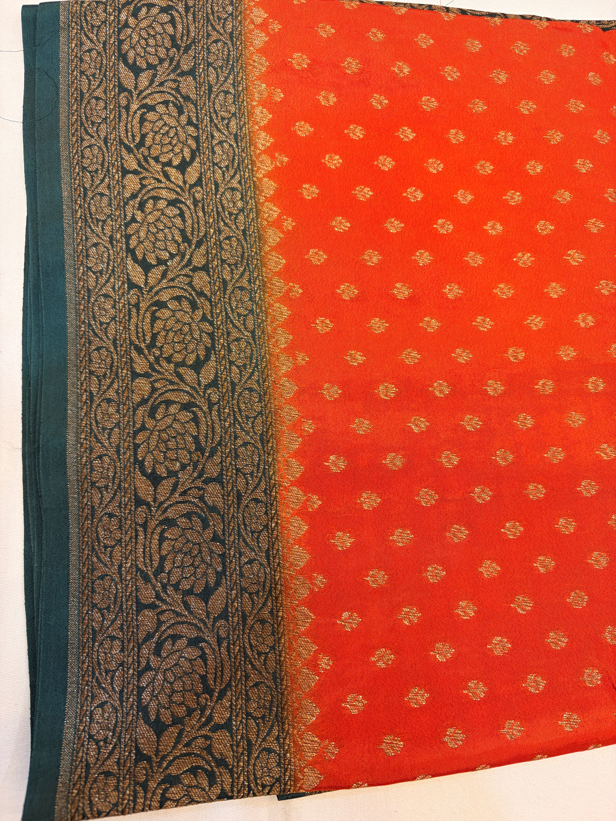 Orange Banarasi Crepe Georgette Saree with Green Border