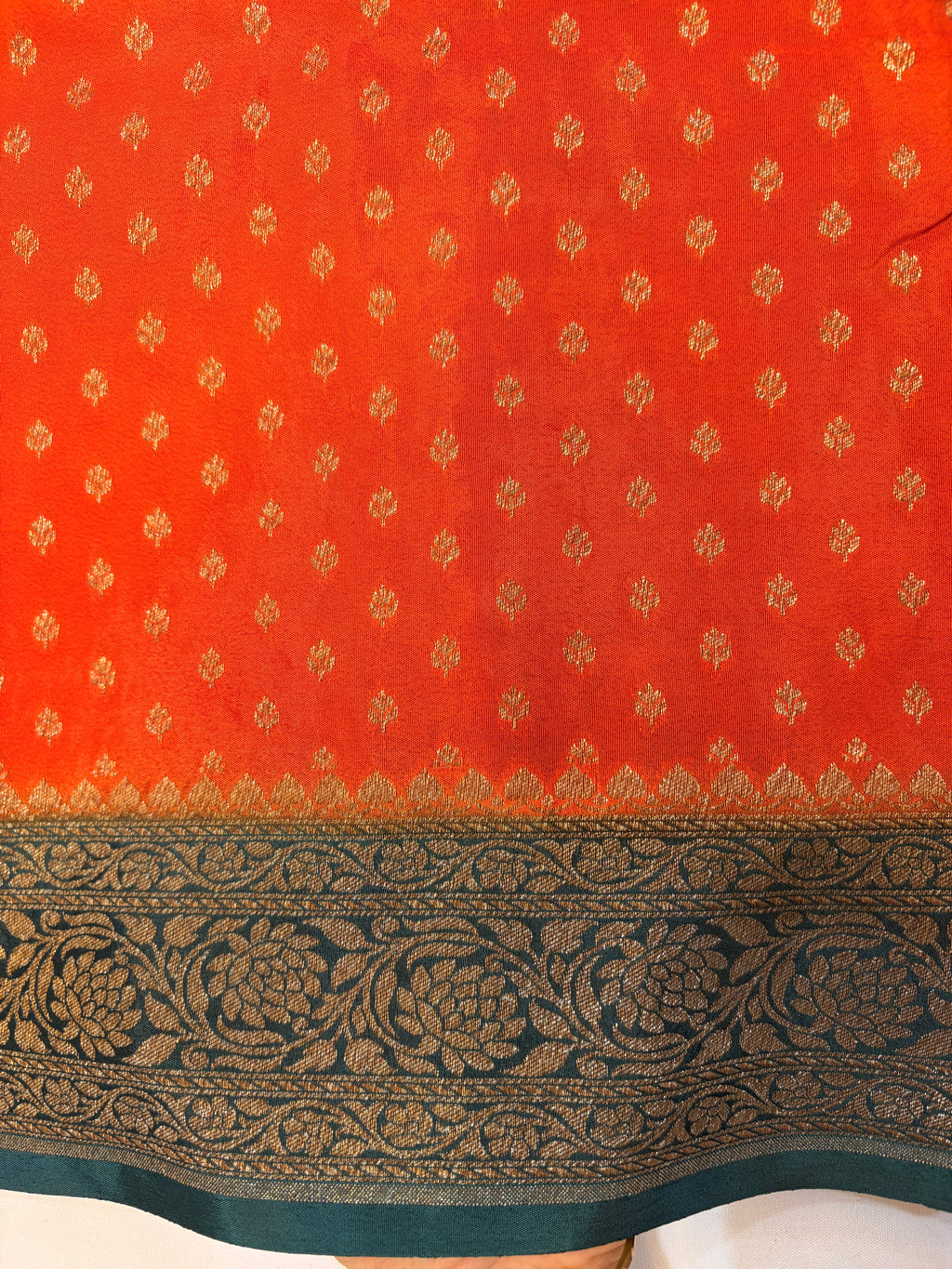 Orange Banarasi Crepe Georgette Saree with Green Border