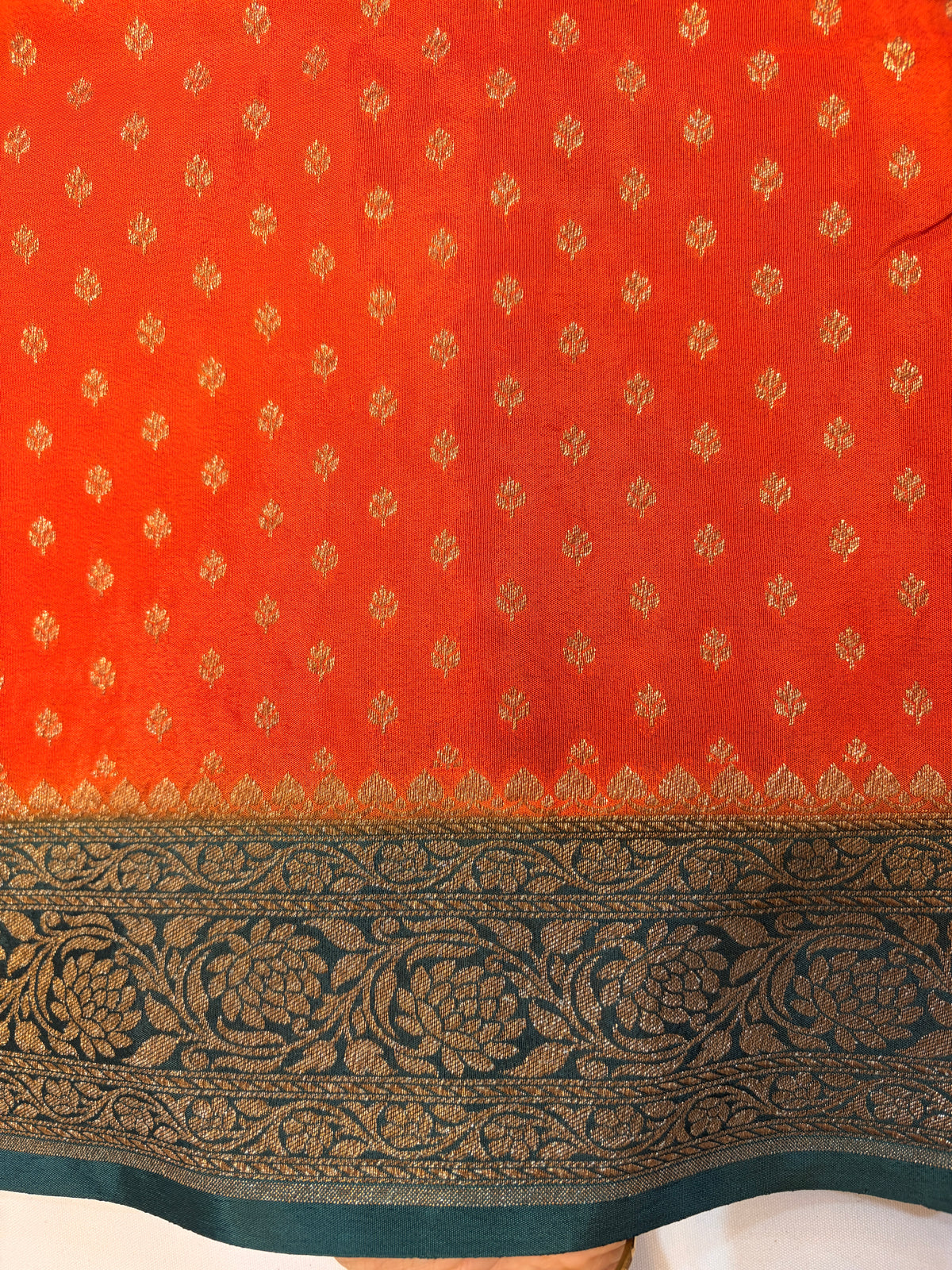 Orange Banarasi Crepe Georgette Saree with Green Border