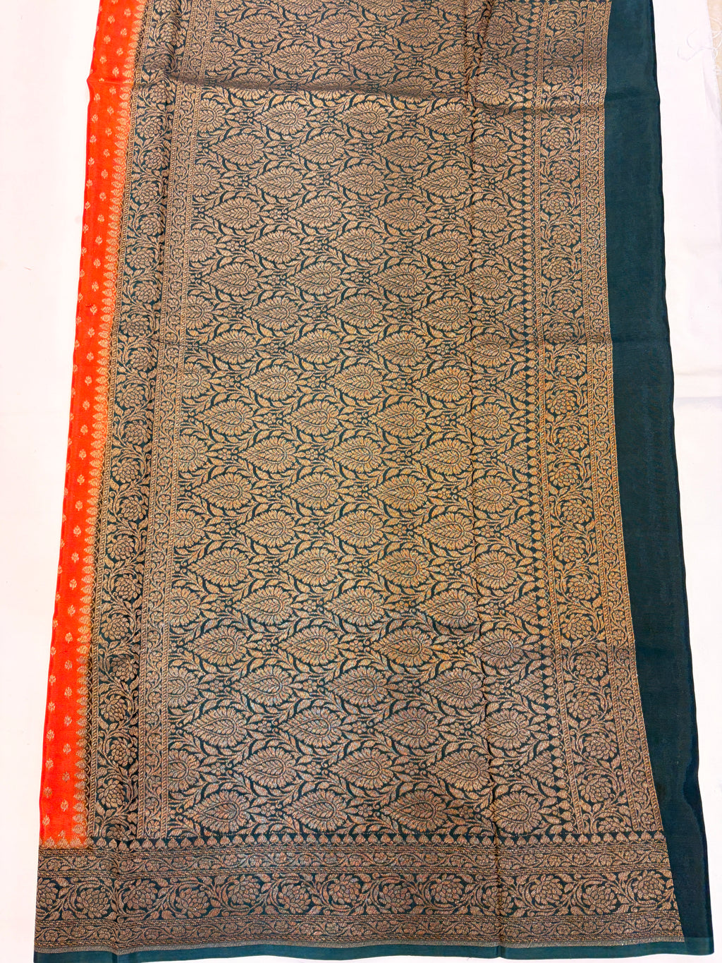 Orange Banarasi Crepe Georgette Saree with Green Border